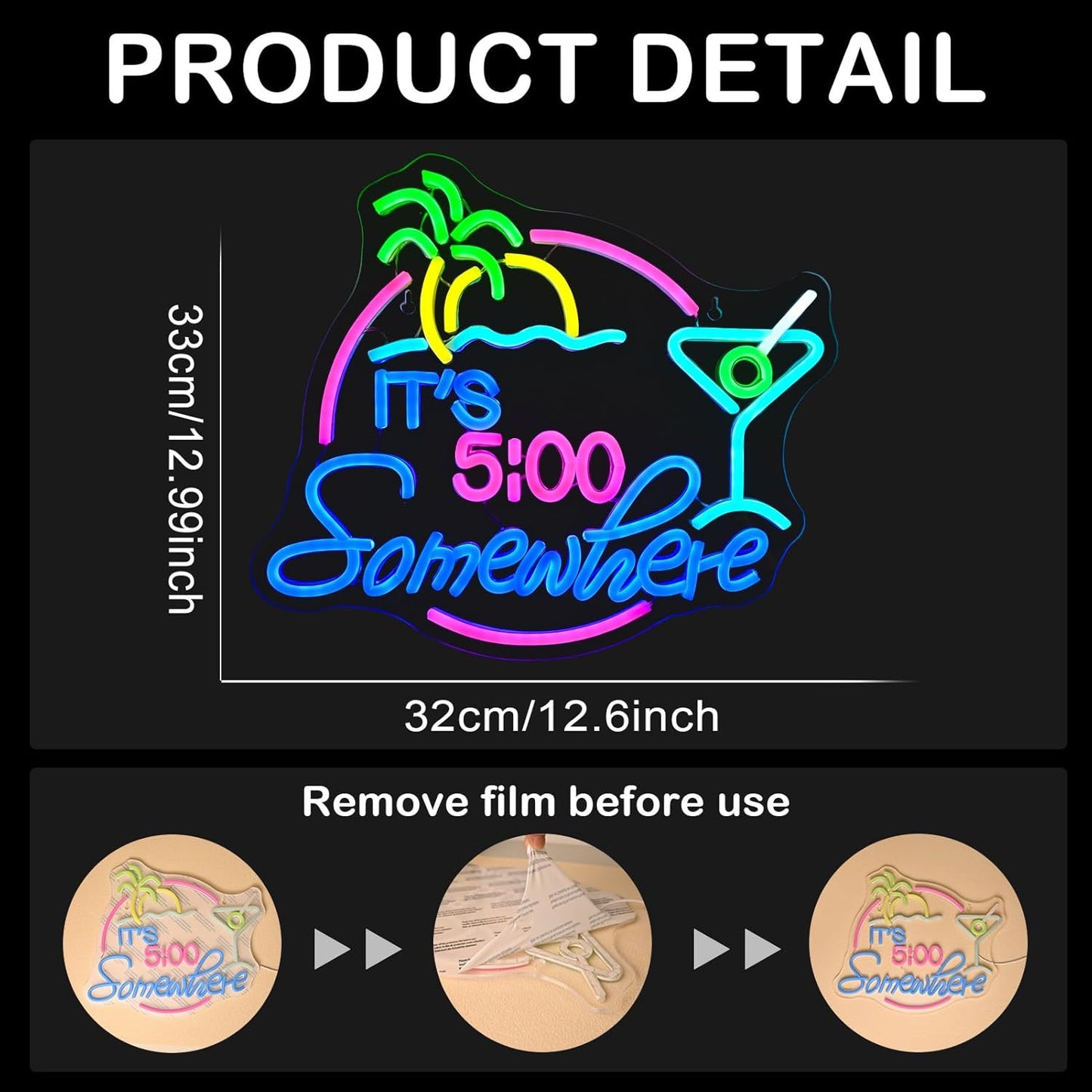 It's 5:00 Somewhere Neon Sign, USB Powered LED Neon Sign for Wall Decor,Dimmable, 5V/2A, for Home, Party, Gift, Bedroom, Man Cave, Bar, Beer Garage, Secrect Space