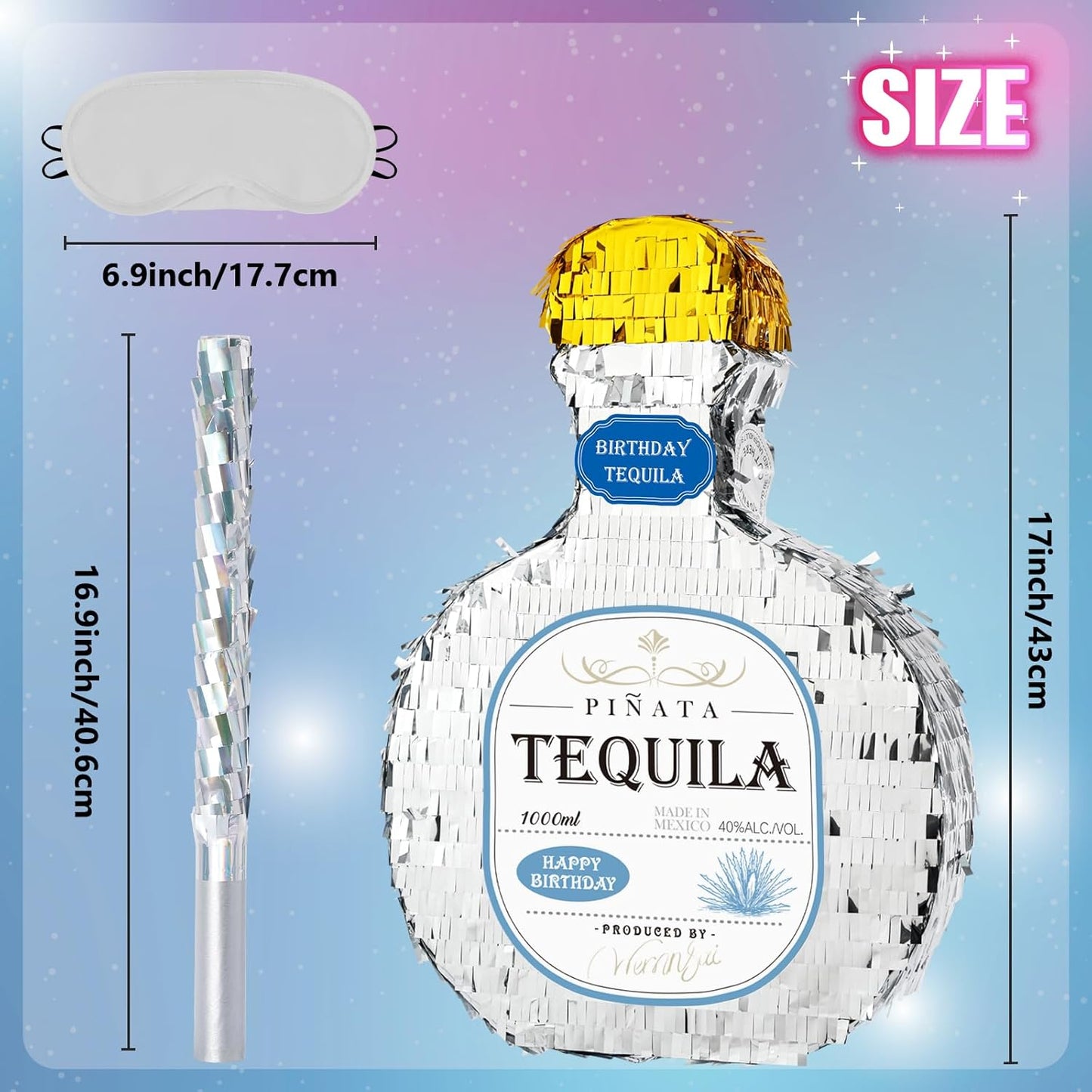 WERNNSAI Tequila Bottle Pinata - Disco Party Decorations for Adults Silver Patron Tequila Pinata with Blindfold for Bachelor Birthday Party Supplies 11.7” x 16.5”