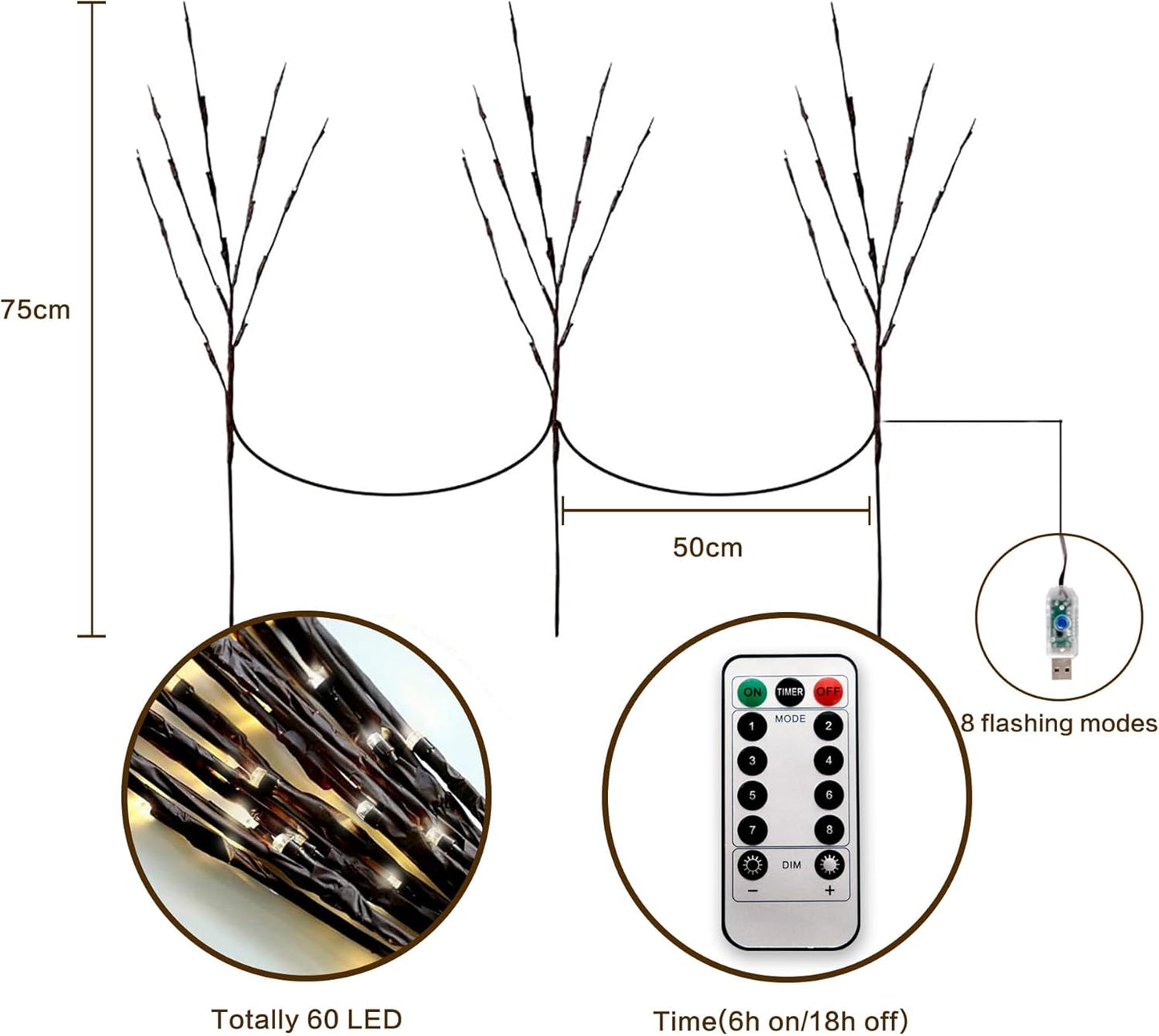 MENCH Branch Lights,3 Pcs Twig Light USB&Battery Powered 8 Flashing Modes by Remote Control.Branch Lights for Indoor, Light Up Decorations for Halloween Day and Christmas,Pure White