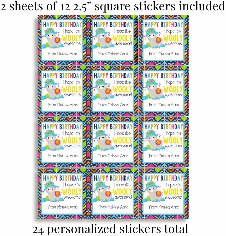 Custom & Personalized Wooly Awesome Alpaca Happy Birthday Gift Tag Sticker Labels, 24 2.5" Square Stickers by Amanda Creation