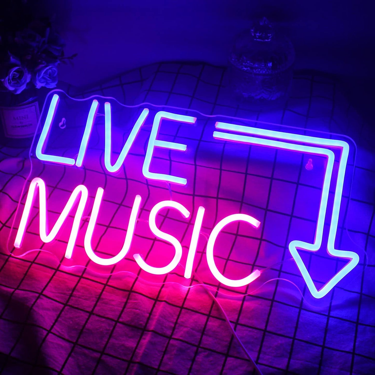 Live Music Neon Sign LED Neon Sign Large Blue and Pink Words for Music Studio USB Powered Switch for Wall Decor Beer,Bar,Music Studio,Bedroom,Party,Club
