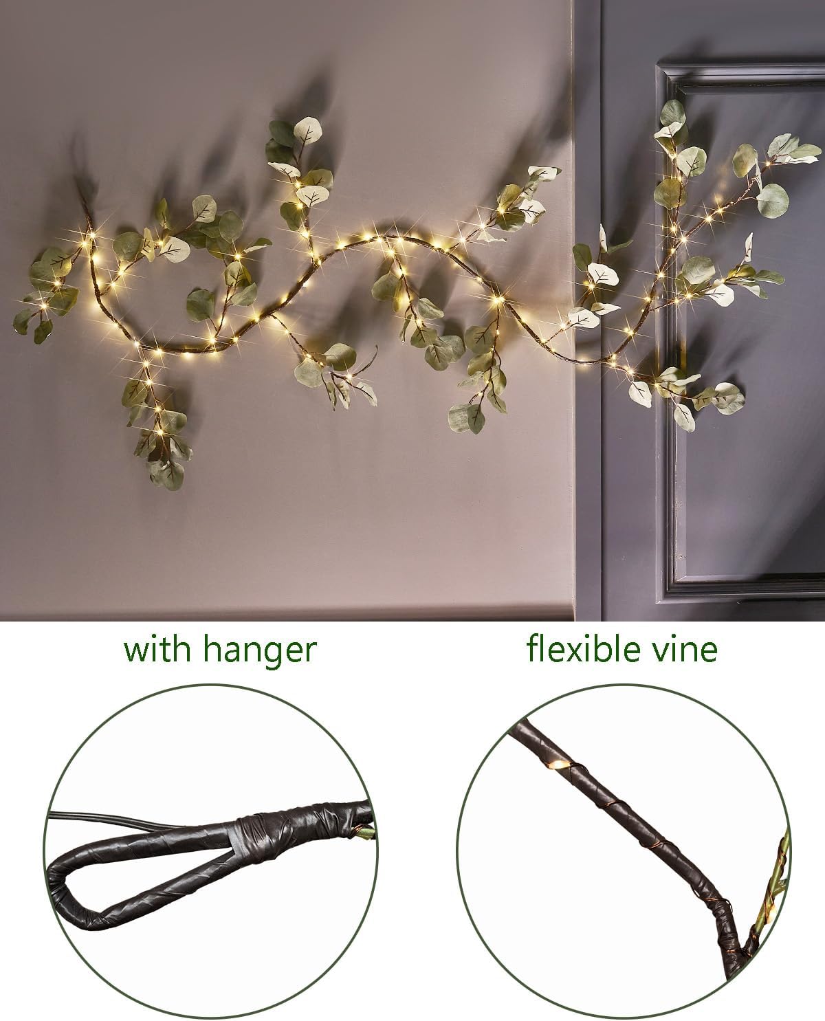 Fudios Lighted Twig Eucalyptus Garland 6FT 96 Warm White LED Battery Operated with Timer for Mantle Fireplace Wedding Party Spring Bedroom Decoration Indoor Outdoor Use