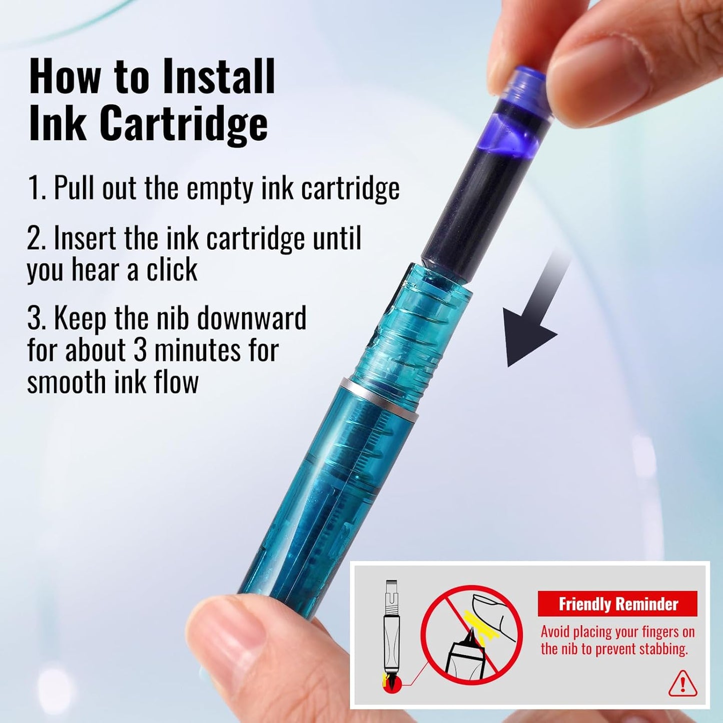 WRITECH Clictek Fountain Pen Set: Retractable Style Blue Ink Medium Nib Transparent Barrel, Includes 5 Ink Cartridges for Gift Set, Smooth Writing No Leaking