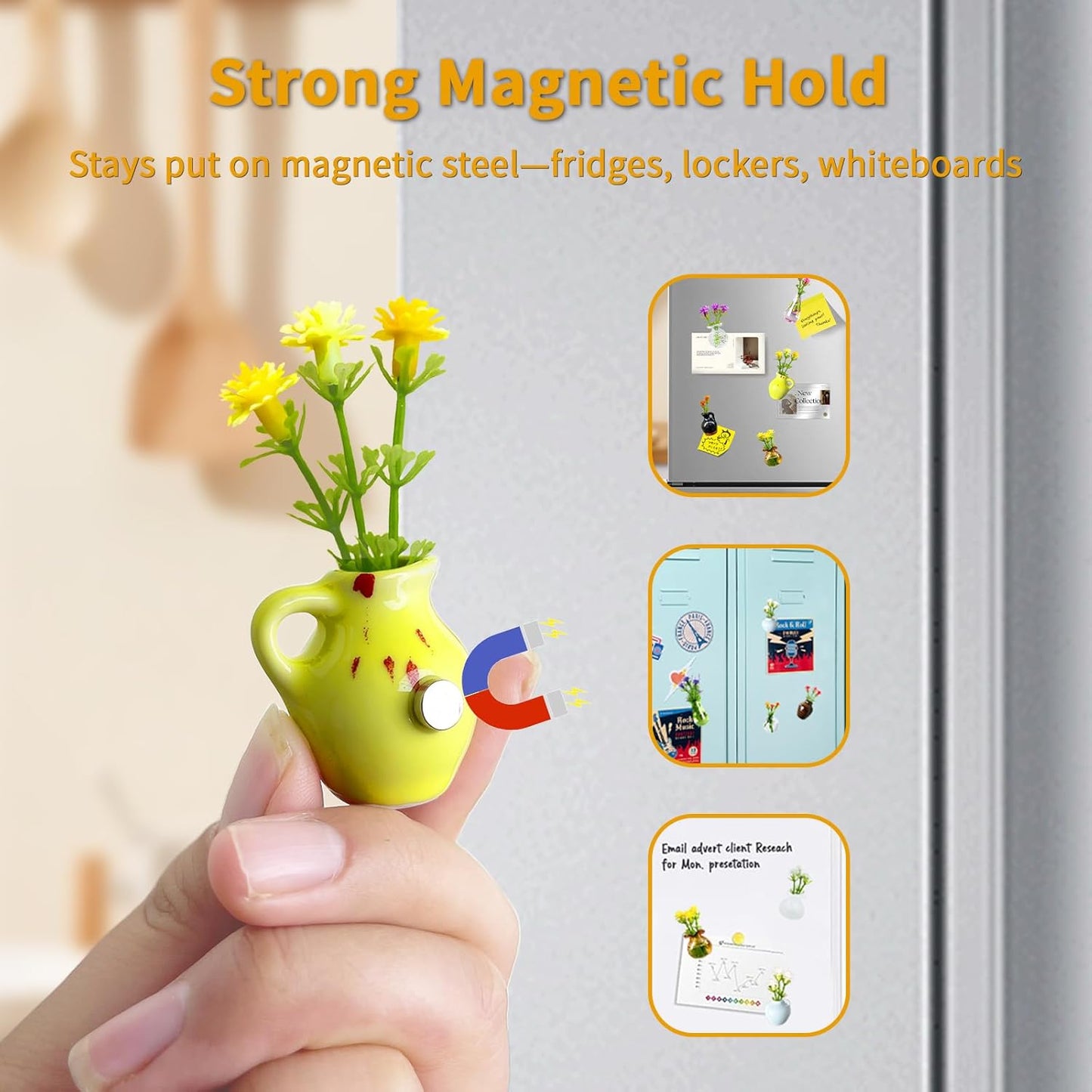 Magnetic Bud Vase Set – Mini Ceramic & Glass Vases with Strong Magnet for Fridge & Whiteboard – Decorative Small Flower Vases for Kitchen, Home or Office Décor for Women (Glass & Ceramic)