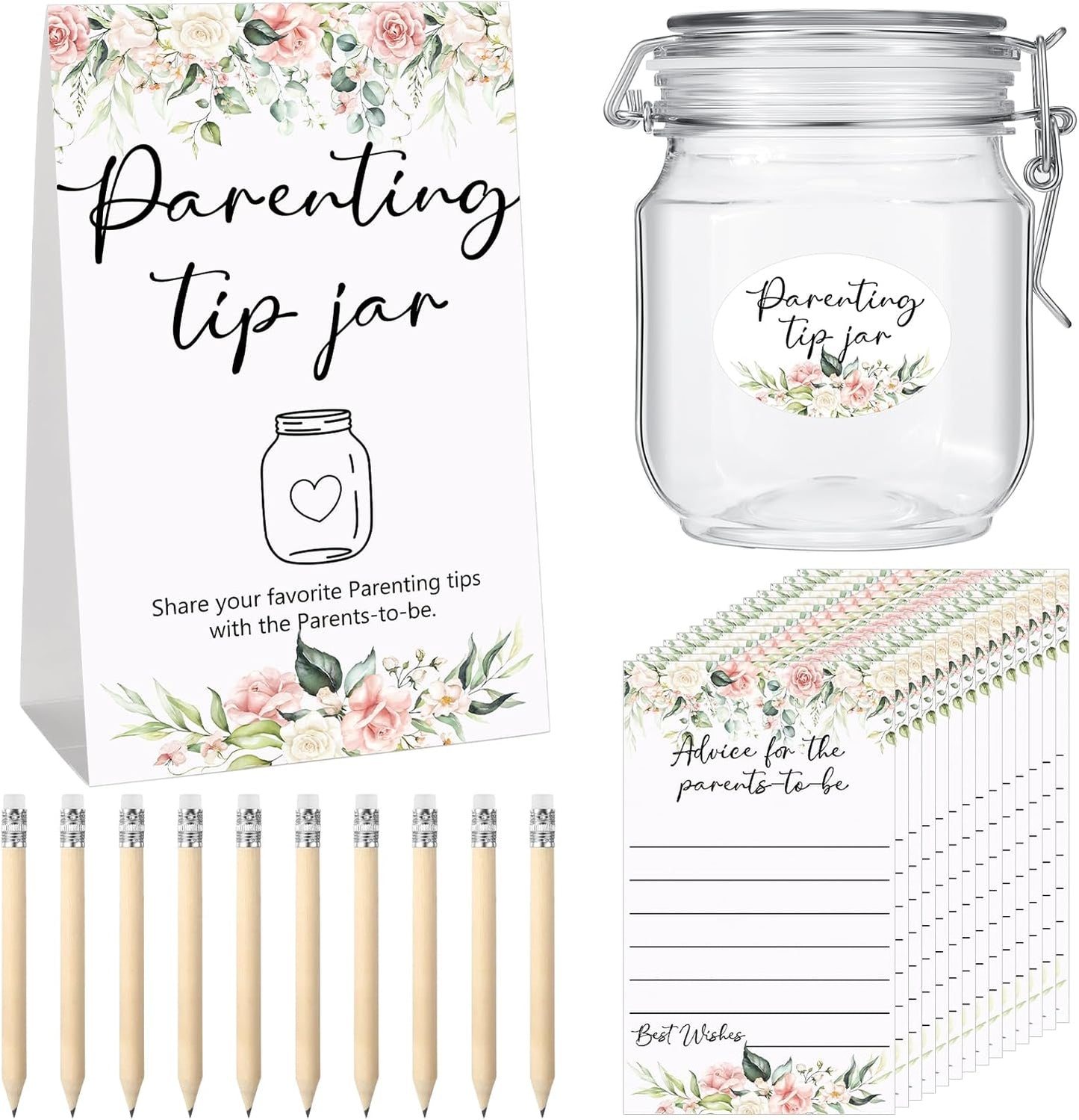 Roowest Baby Shower to Baby Advice Cards for New Parents to Be - Tip Jar Sign for New Parents 60 Parenting Advice Cards 10 HB Pencils 2 Cute Stickers 1 Pet Bottle for Guests Games(Flower)
