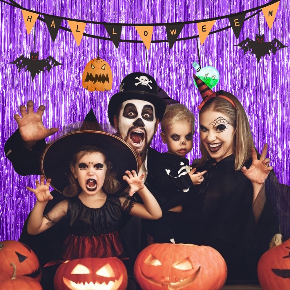 3 Pack Purple Streamers Backdrop Curtain Halloween Party Decorations Purple Tinsel Foil Fringe Backdrop Birthday Graduation Bachelorette Christmas New Year Themed Party Decorations