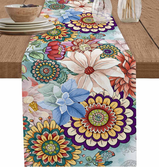 Boho Flowers Cotton Linen Table Runner for Dining Kitchen, Wedding Outdoor Party Tablerunners Decoration, Colorful Floral Farm Vintage Botanical Dresser Scarf Coffee Tablecloth Runners 13x60 Inches