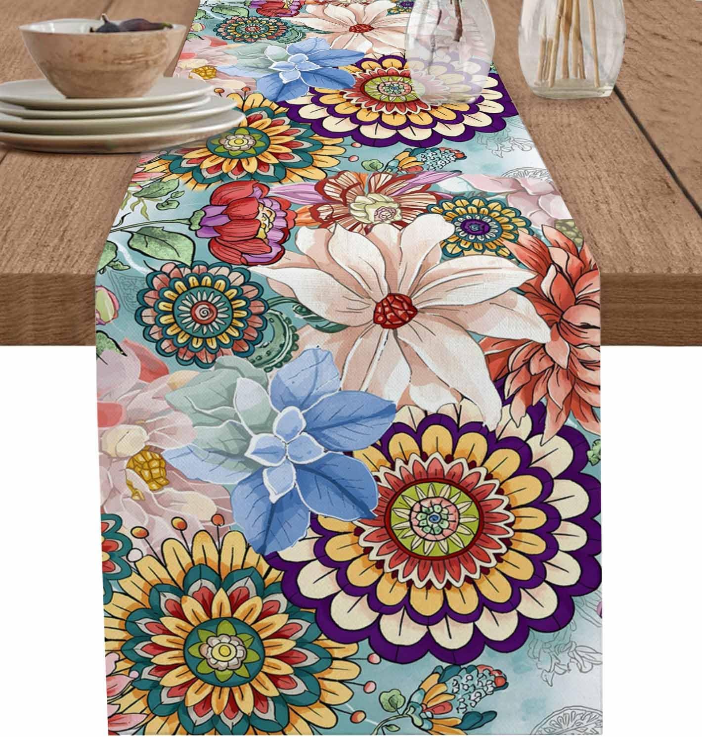 Boho Flowers Cotton Linen Table Runner for Dining Kitchen, Wedding Outdoor Party Tablerunners Decoration, Colorful Floral Farm Vintage Botanical Dresser Scarf Coffee Tablecloth Runners 13x108 Inches