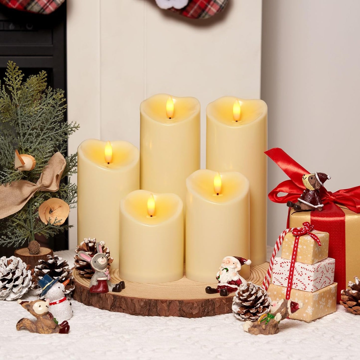 Amagic Waterproof Outdoor Flameless Candles with Remote, LED Candles Battery Operated with Timer, Flickering Fake Pillar Candle for Outside Patio Yard Decor, Dark Ivory, Set of 5, D3 X H4 5" 6" 8" 8"