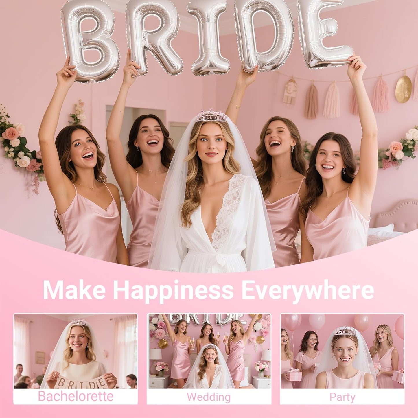 3Pcs Bride to Be Crown with Sash and Veil for Bachelorette Party Decorations，Bridal Shower Accessories for Gift, Favors