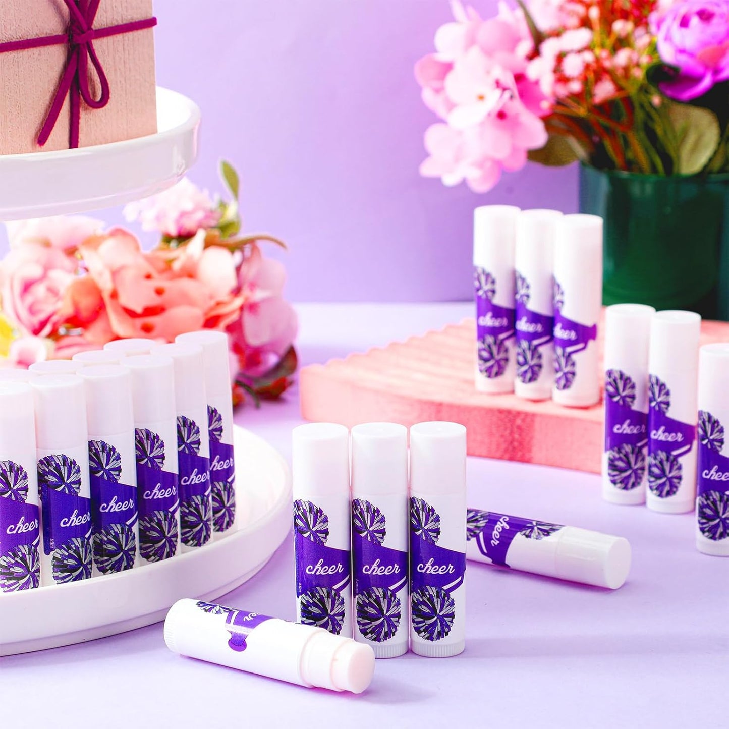 24 Pcs Cheer Lip Balm Cheer Teams Camp Gifts Pom Pom Leaders Party Favors Gear Lip Balm Mom Gift for Competitive Party Guest Supplies(Purple)