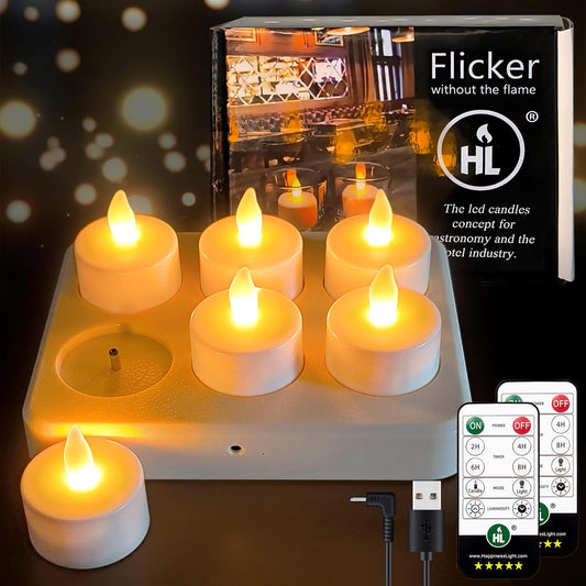 HL Flameless Candles with Remote & Charging Base,6pcs 50+Hours Rechargeable Battery Operated Tea Lights Timer Candles, LED Votive TeaLights Yellow Light for Halloween Christmas Table Centerpiece