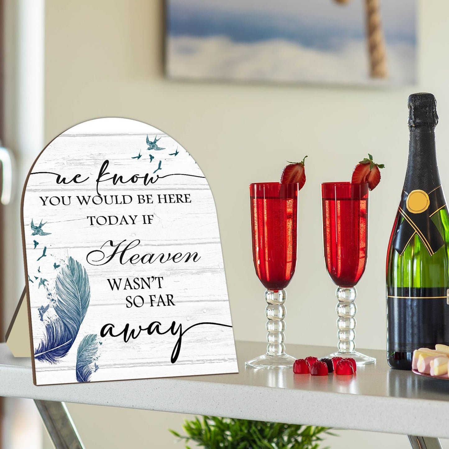 Memorial Table Sign for Wedding, We Know You Would Be Here Today Wooden Sign with Stand, Feather Decoration Wedding Loving Memory Sign for Ceremony and Reception 9 * 11IN