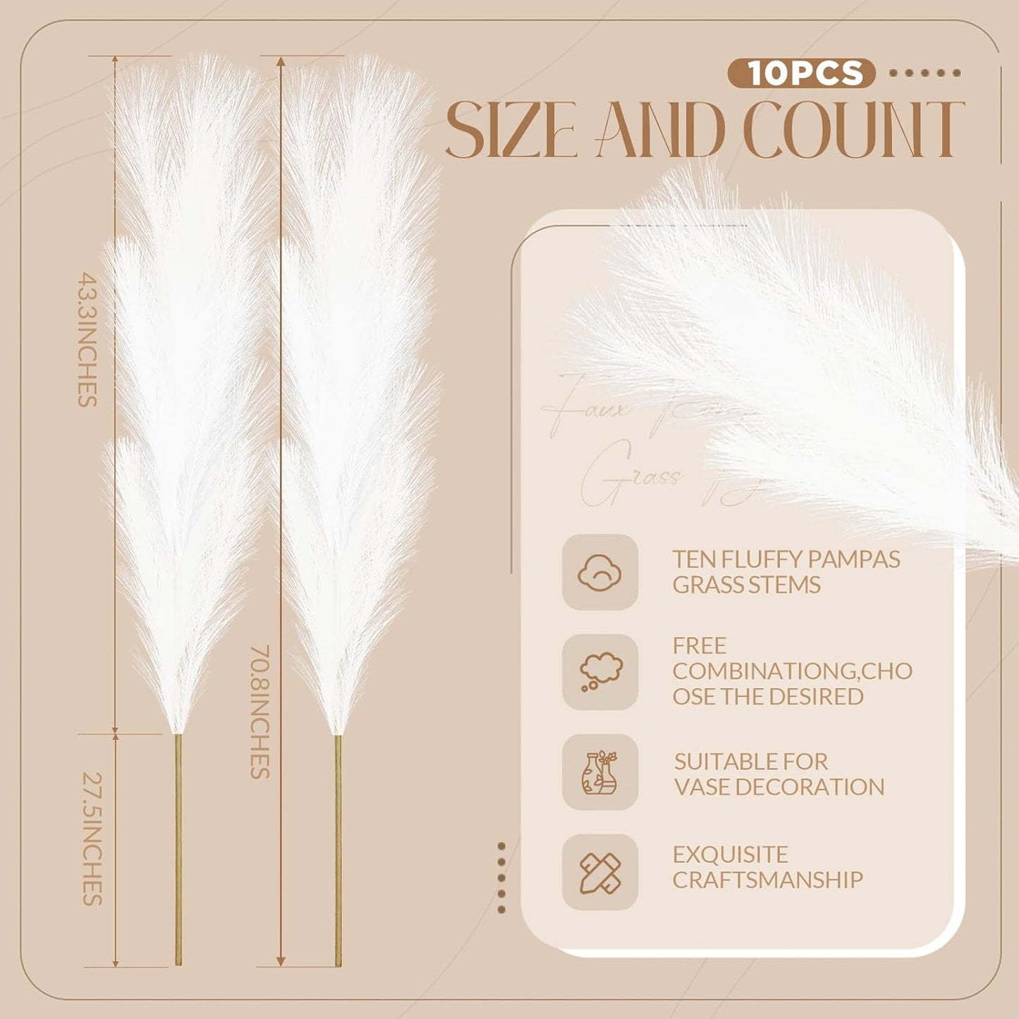 Zeyune 10 Pcs 71'' Large Faux Pampas Grass Decor Tall Artificial Pompous Grass Bulk for Boho Floor Vase Filler Wedding Floral Arrangements Home Baby Shower and Boho Decor (White)