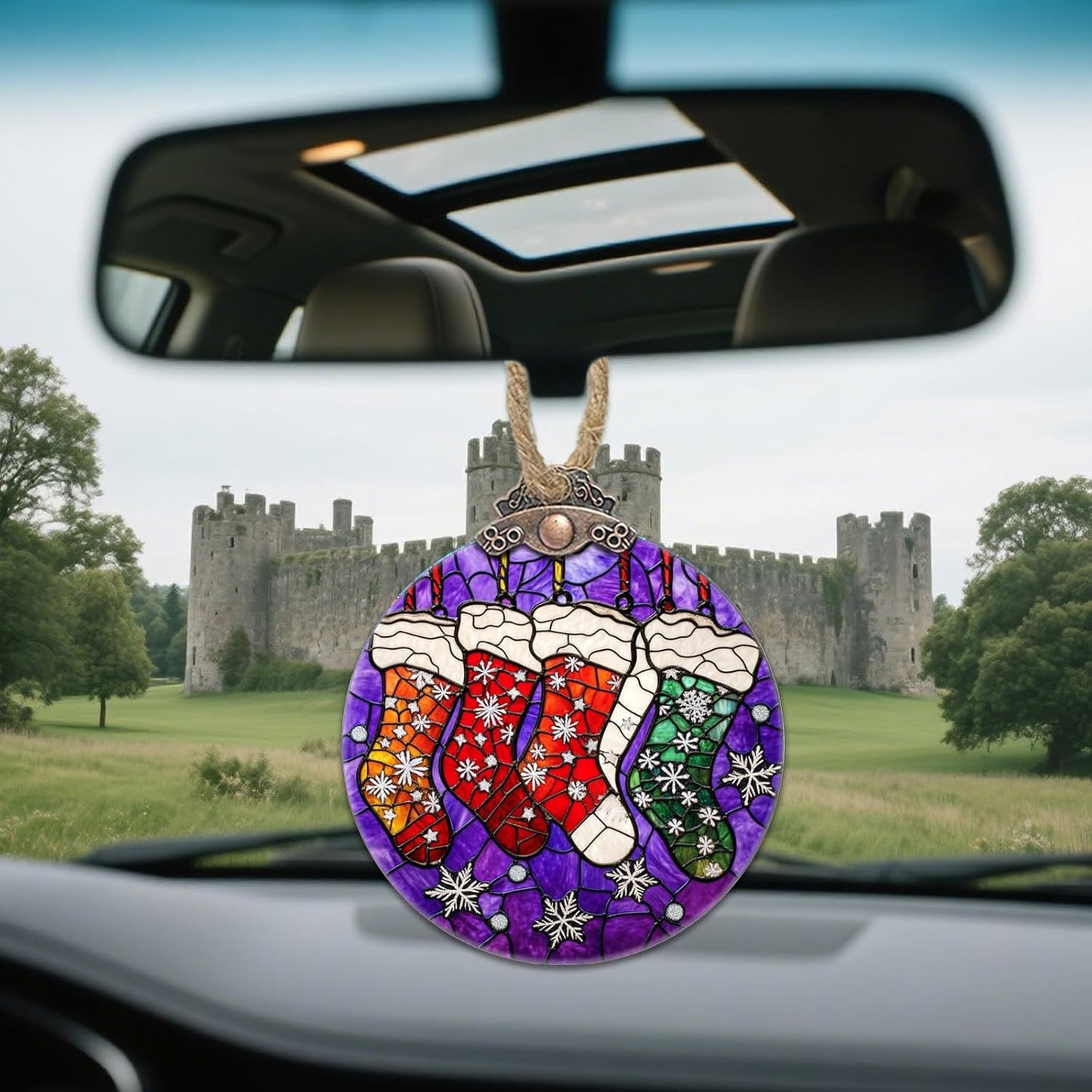 Stained Glass Christmas Decorations, Colorful Socks Suncatcher for Window Christmas Tree Hanging Ornaments Silver Snowflake Sun Catcher Xmas Decor Gifts for Women Men Mom Nana Friend