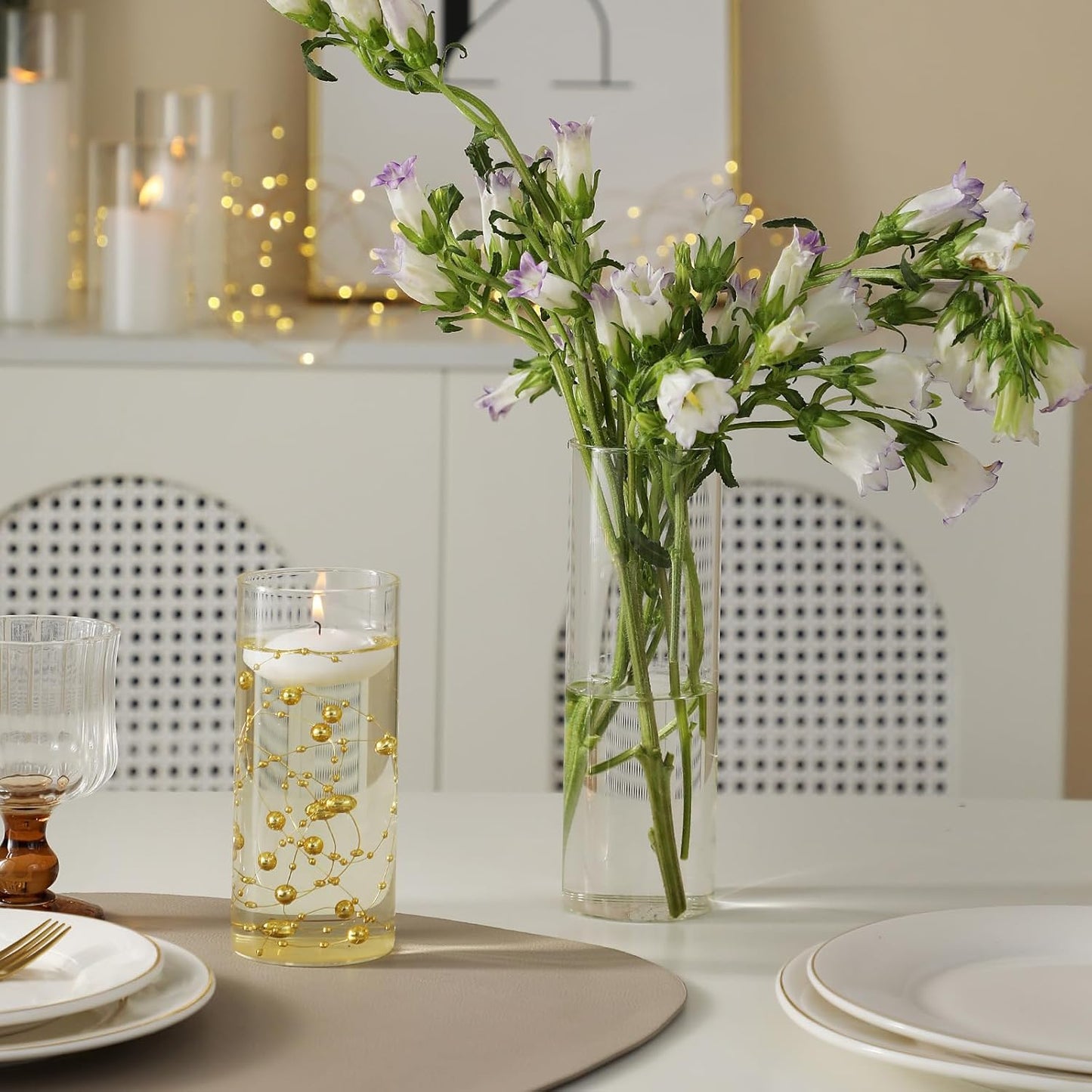 Set of 3 Glass Cylinder Vases for Centerpieces with 2 Pack Vase Filler 3 Pearl String 6 White Floating Candles for Centerpieces, Table Center Pieces for Wedding Party Home Decor 5, 6, 8 Inch