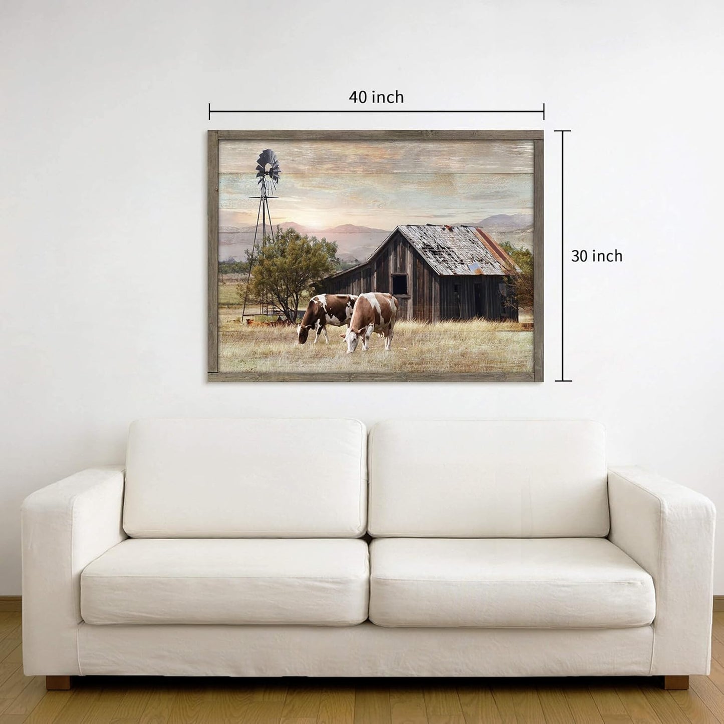 Rustic Wall Decor Barn Framed - Vintage Farmhouse Cow & Windmill Landscape Picture Artwork for Home and Kitchen
