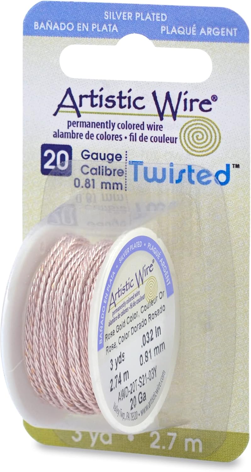 Artistic Wire, 20 Gauge / .81 mm Silver Plated Tarnish Resistant Colored Copper Craft Wire, Round Twist, Silver Plated Rose Gold Color, 3 yd / 2.7 m
