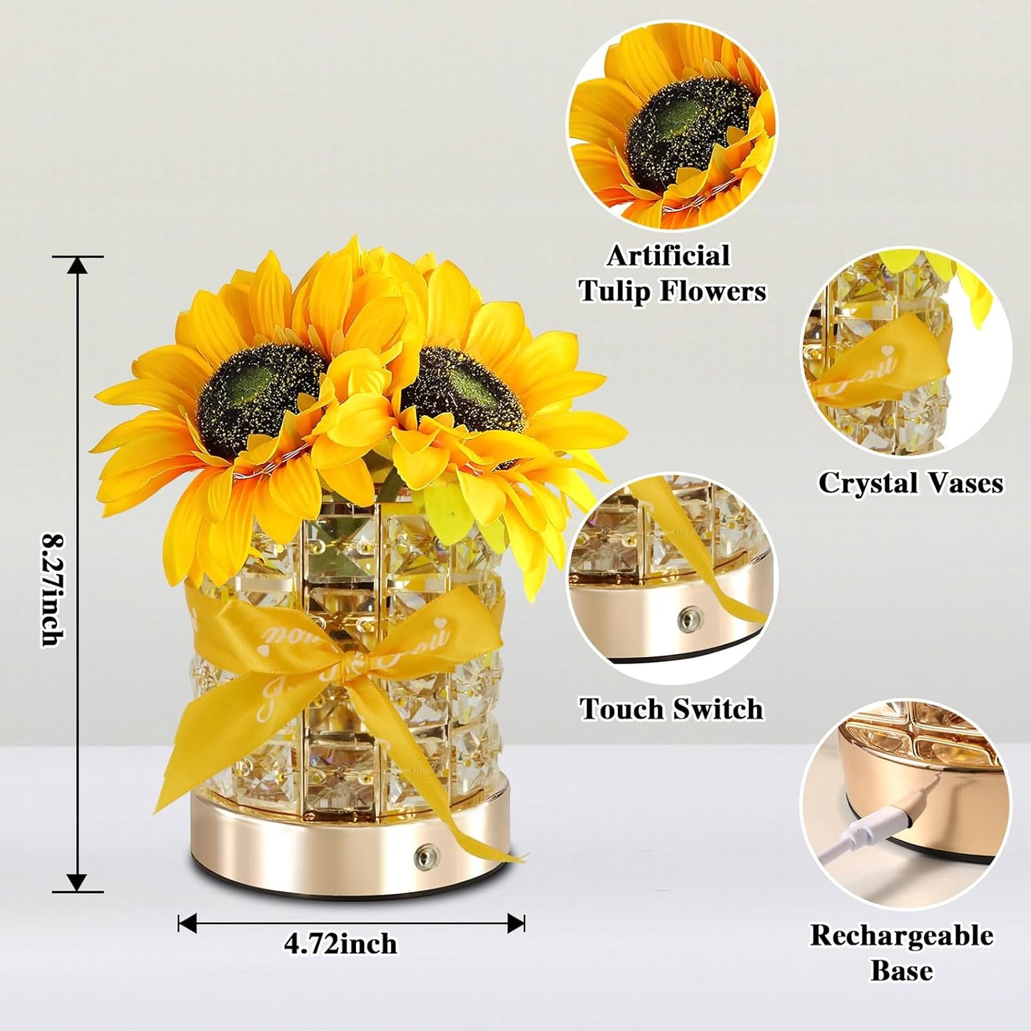 Birthday Gifts for Women/Mom Sunflower Cordless Table Lamp,3 Color Crystal Lamps Touch Bedside Lamps Infinitely Dimming with USB Charge Small Night Light,Nightstand Lamp for Bedroom (Round)