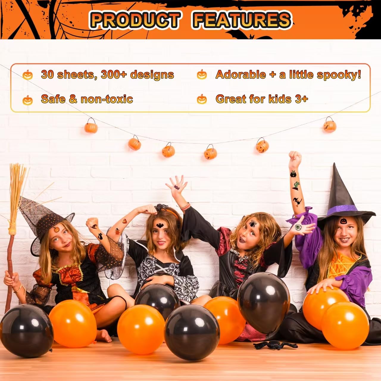 Halloween Temporary Tattoos for Kids – 30 Sheets with Pumpkins, Bats, Witches, and Skeletons – Fun Halloween Party Favors, Trick-or-Treat Goodie Bag Stuffers for Boys & Girls