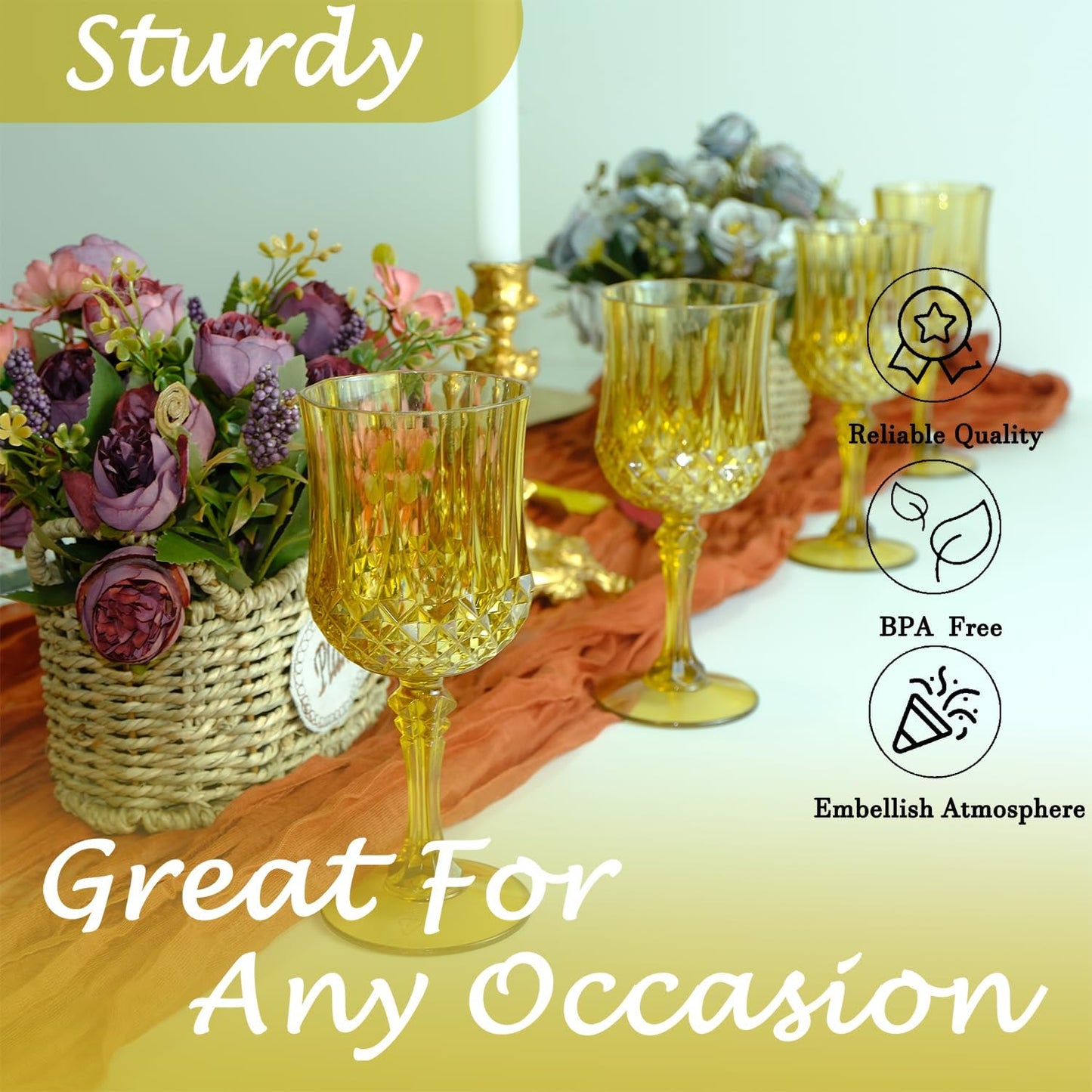 Plastic Wine Glasses，Plastic Goblets Vintage Style Cordial Drinking Glasses for Wedding Reception, Grand Event Party Supplies (12, Gold)