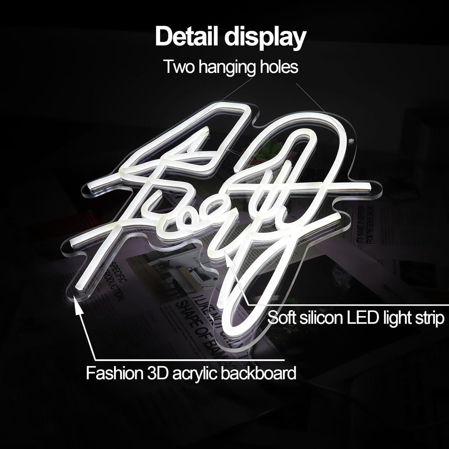 White Forty Neon Sign 40 Year Old Birthday Neon Sign Birthday Gift For 40 Year Old Woman Led Night Light For Wedding Engagement Banquet Anniversary Party Decor Gift For Girl Wife Lover(USB Sign)