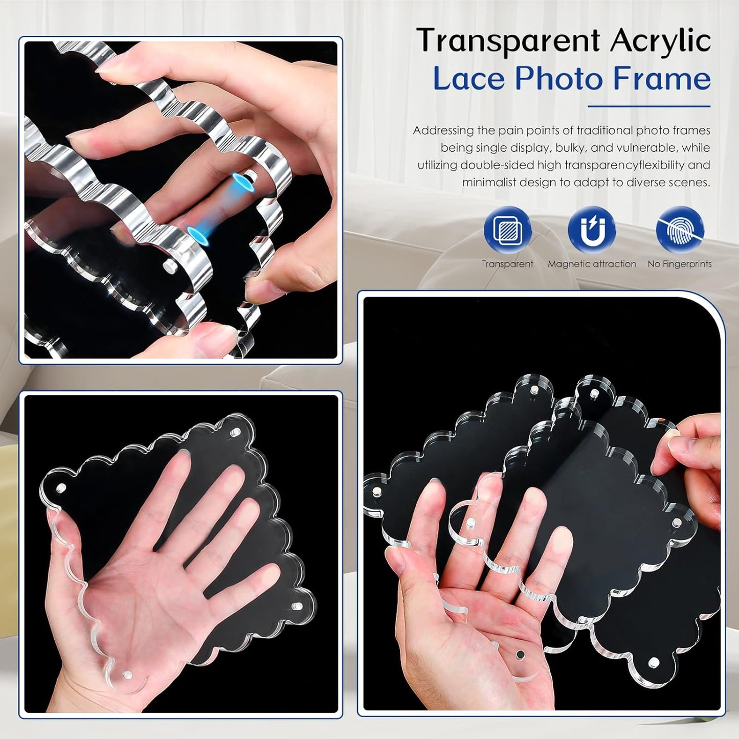 3Pack Clear Magnetic Picture Frames 5×5 Inch - Scalloped Picture Frame with 10+10mm Thick Block, Double-Sided Clear Display | Trendy Home Decor & Modern Gift Idea (3Pack, 5×5)