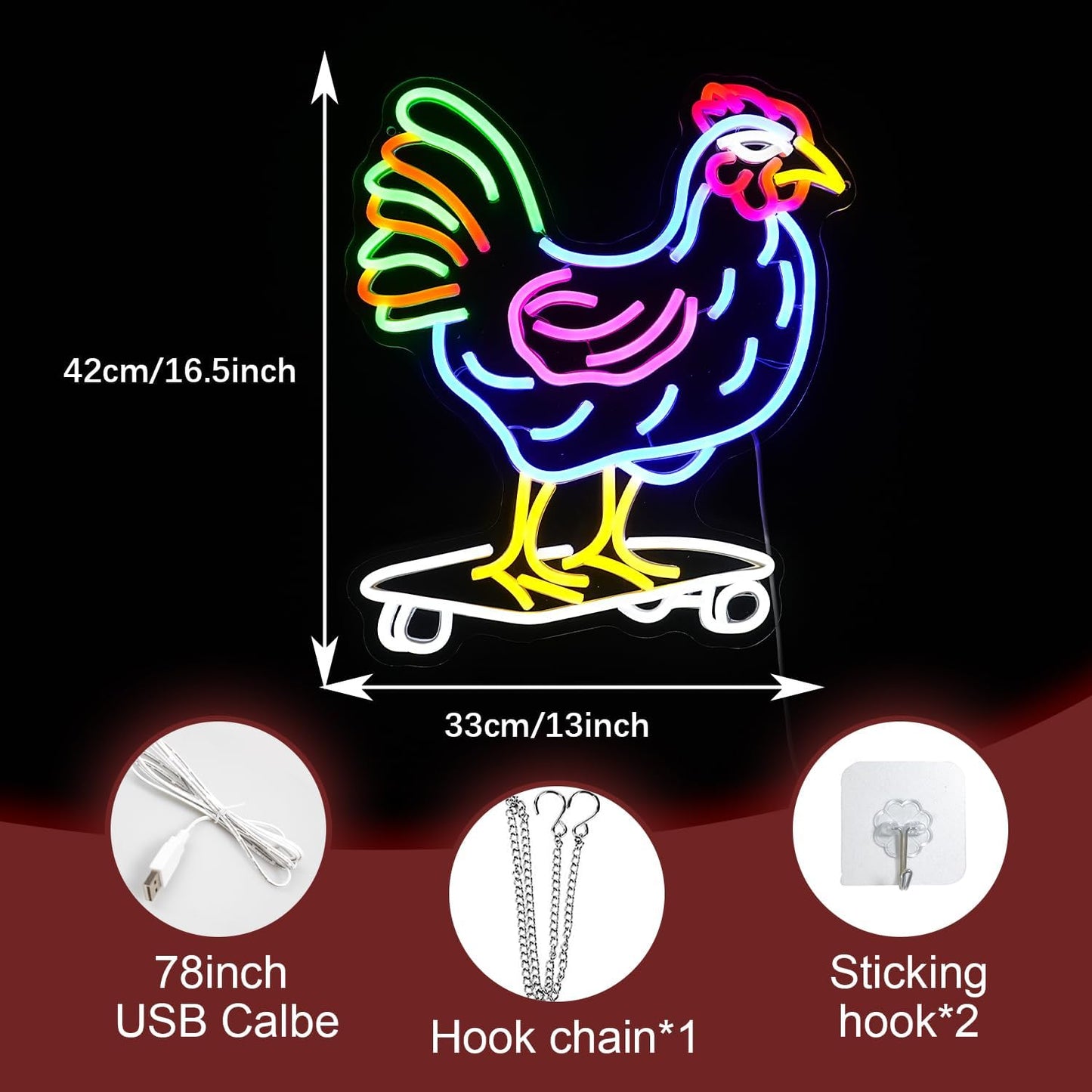 Dimmable Chicken Neon Sign for Wall Decor Funny Skateboarding Rooster LED Neon Light USB Powered Light Up Animal Sign for Bedroom Birthday Party Kids Gifts(16.5 * 13In）
