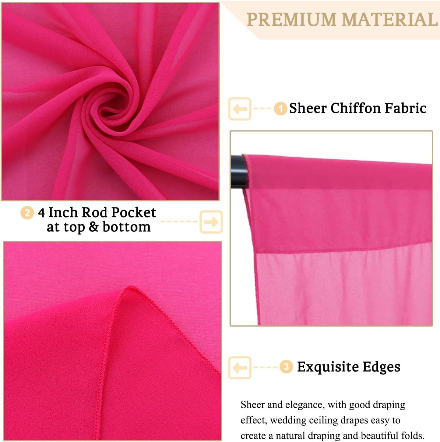 MODFUNS Hot Pink Ceiling Drapes for Weddings 5x30ft 2 Panels Sheer Chiffon Ceiling Draping Fabric Fuchsia Sheer Draping Tulle Swag Curtain for Wedding Party Stage Prom Banquet Decoration