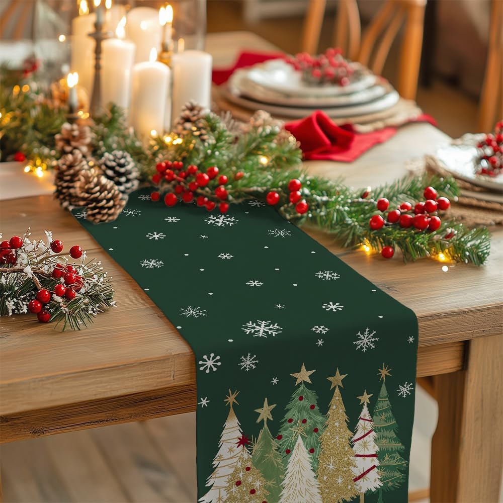 GEEORY Christmas Table Runner 13x72 Inch, Xmas Trees Snowflakes Holiday Decorative Farmhouse Table Decoration for Kitchen Dinning, Indoor Outdoor Dinner Party Decor (Green) GT152-72