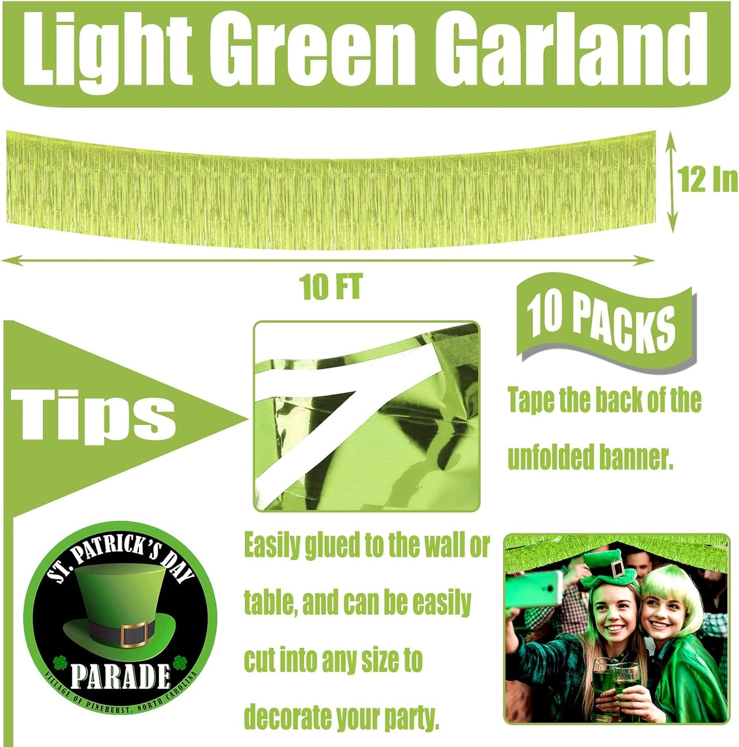 10 Pack 10 Feet Foil Fringe Garland Metallic Tinsel Streamers Banner Wall Hanging Curtain Backdrop for Parade Floats, Wedding, Disco, Birthday, St Patrick Day, Christmas Party Decorations(Light Green)