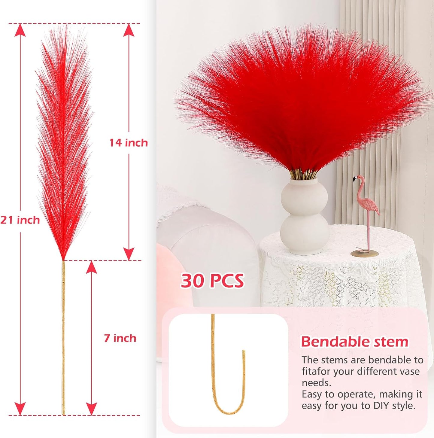 Red Pampas Grass Decor 30 Pcs 21.7 Inch Faux Pampas Grass Bulk Artificial Dried Flowers Small Vase Filler Pompas Grass.