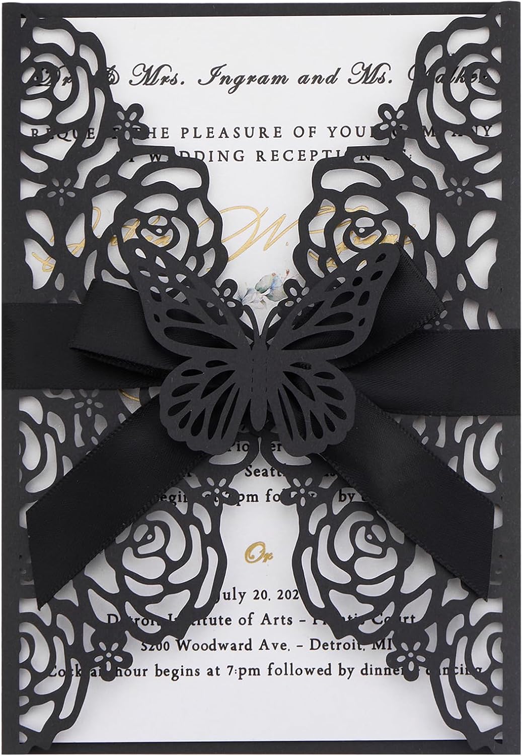 50pcs Black Wedding Invitation Kit Butterfly Laser Cut Invittations Pocket with Blank Inner Sheets and Envelopes for Wedding Anniversary Quinceañera Birthday Party Invites 4.9x7''