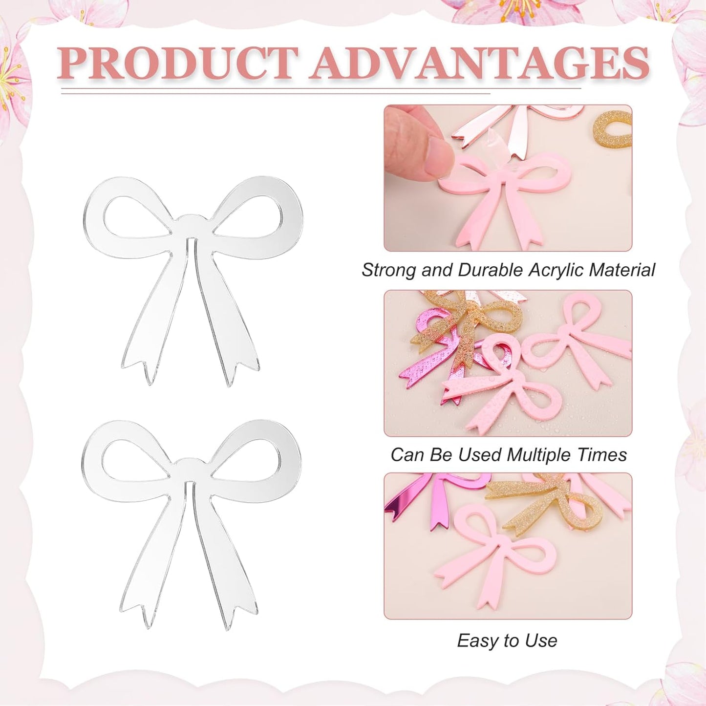 PATIKIL 50 Pcs Bow Drink Tags, Acrylic Wine Glass Charms Reusable Drink Markers for Party Wedding Birthday and Events Accessories, Mirror Silver