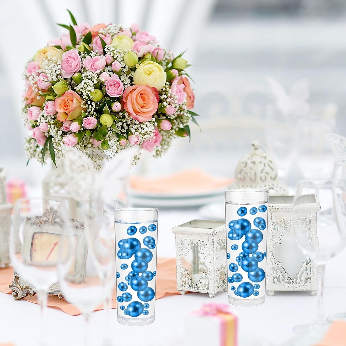 100PCS Blue Faux Pearls Beads for Centerpiece Vases, Vase Filler Faux Pearls, No Holes Filler Beads for Party Anniversary Birthday Wedding Table Decor, 14/20/30mm