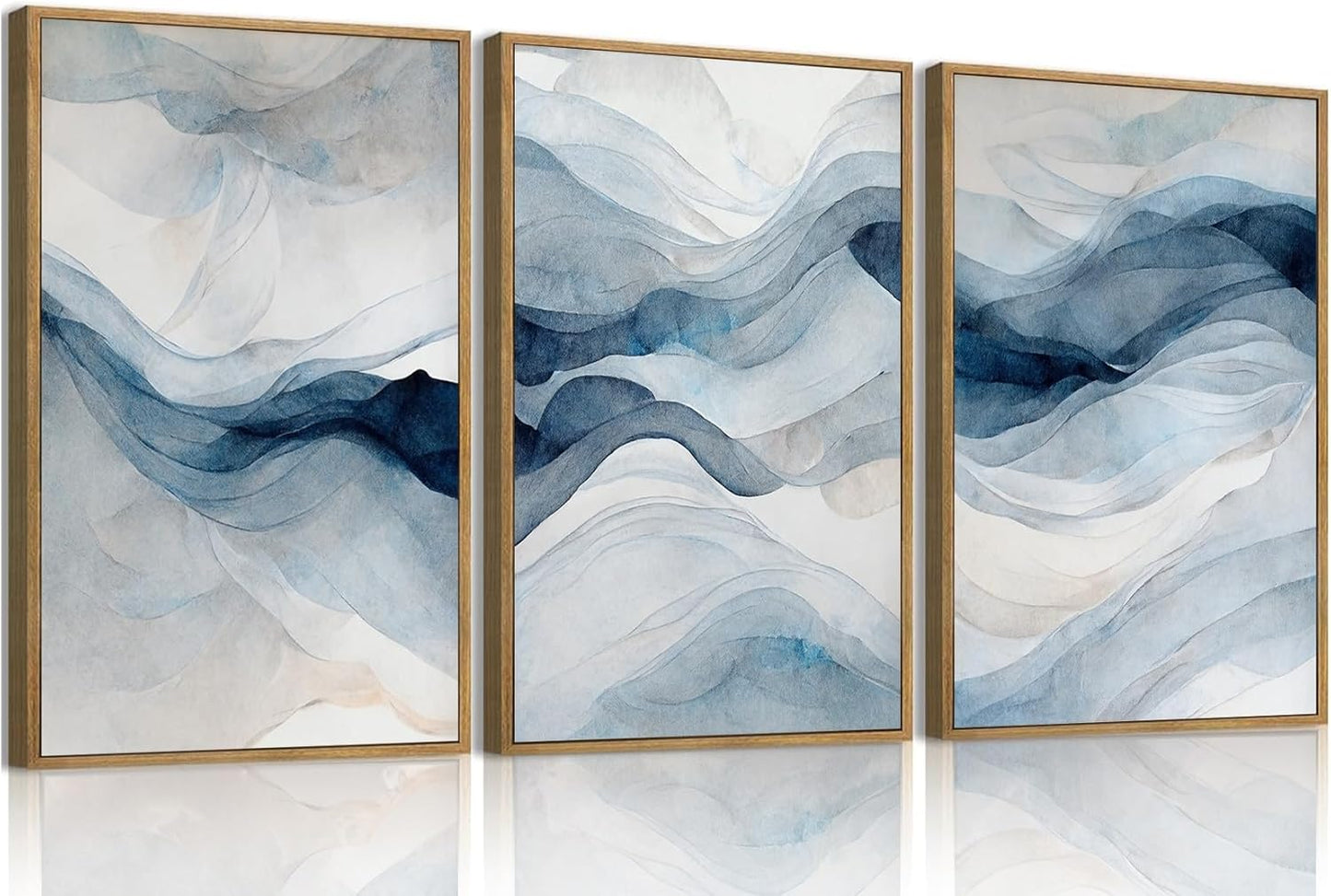 myusuar 3 Piece Large Abstract Framed Wall Art For Living Room, Smoke Texture Ink Navy Blue Canvas Wall Art Modern Minimalist Art Prints Wall Décor For Bedroom Office 24x36in