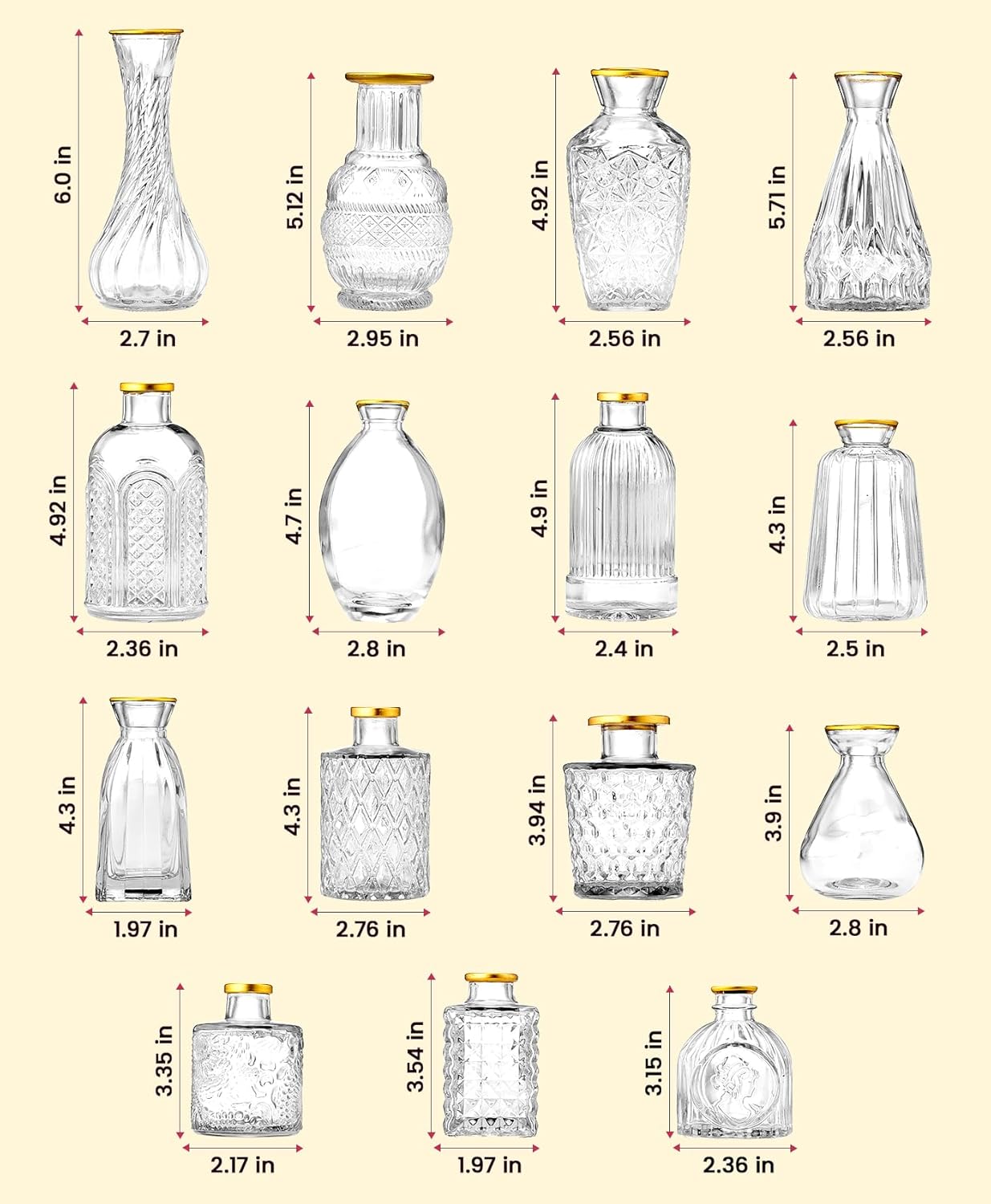 Premium Heirloom Hills Bud Vases for Home Decor, Crystal Clear Glass Flower Vase Set of 30 with Hand-Painted Gold Rims, Small Vases for Centerpieces and Wedding Decorations (Clear, Set of 30)