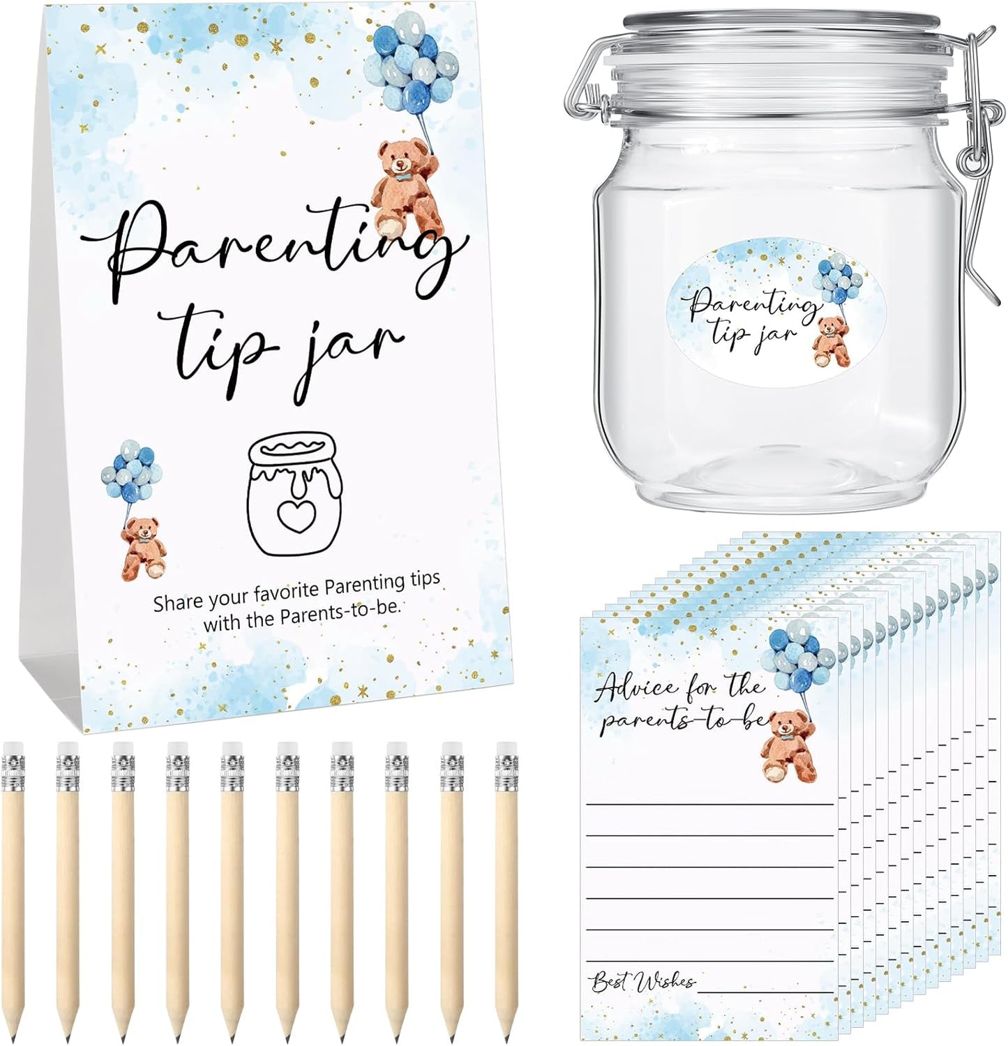 Roowest Baby Shower to Baby Advice Cards for New Parents to Be - Tip Jar Sign for New Parents 60 Parenting Advice Cards 10 HB Pencils 2 Cute Stickers 1 Pet Bottle for Guests Games(Blue Bear)