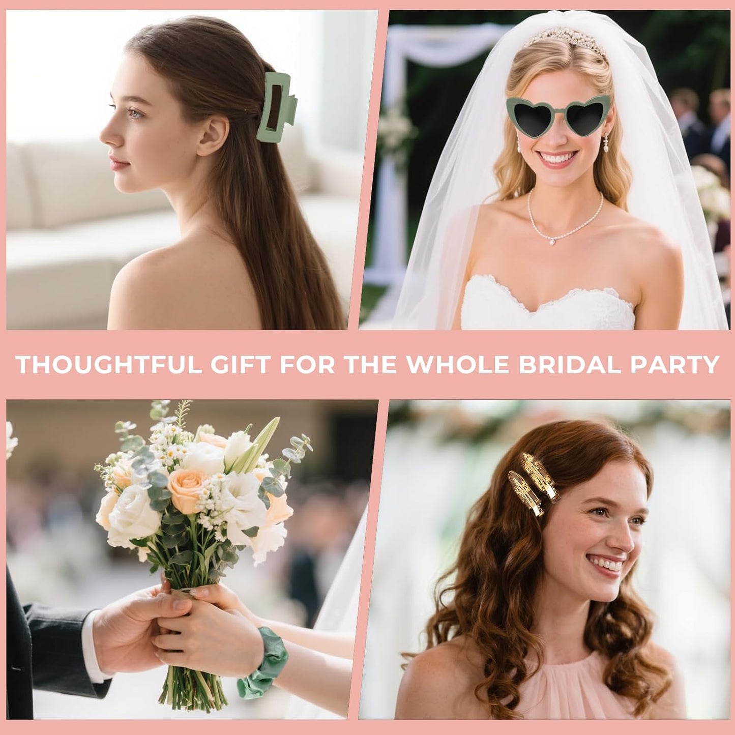 Sage Green Bridesmaid Gifts for Proposal, 6PCS Girls Gift Set with Hair Claws, Scrunchies, Makeup Clips & Heart Sunglasses, Wedding Bachelorette Party Favors, Birthday Gifts for Women Teens