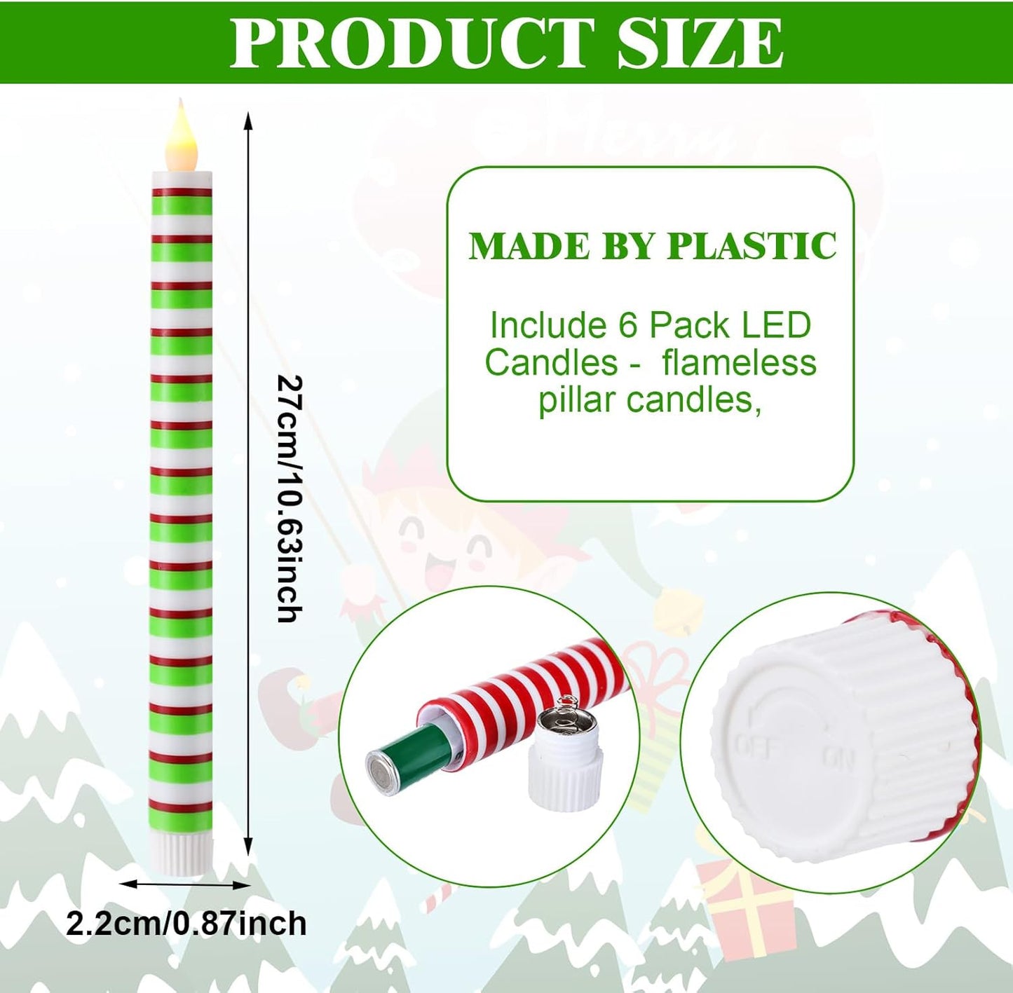 6 Pcs Christmas Flameless Taper Candles 10.6 Inch Red Green and White Striped Dots Candles Battery Operated LED Christmas Candlesticks for Xmas Centerpiece Holiday Party Decor