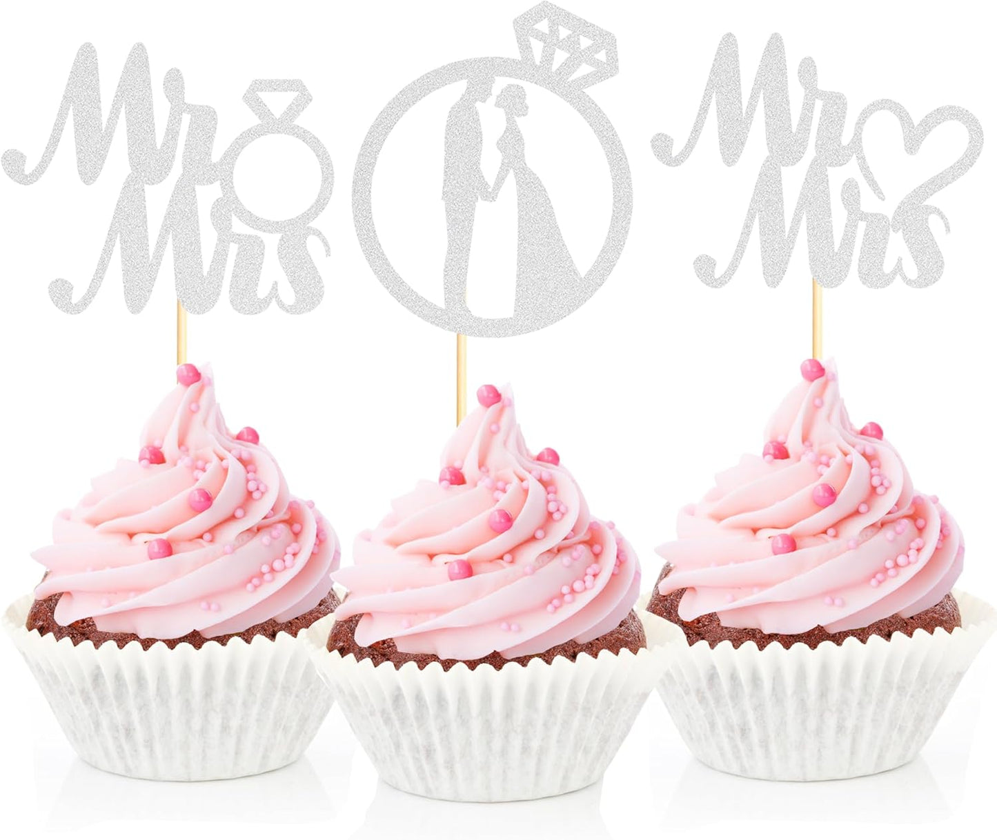 Sotpot 24PCS Miss to Mrs Cupcake Toppers with Ring Silver Glitter for Wedding Bridal Shower Wedding Engagement Party Cake Decorations