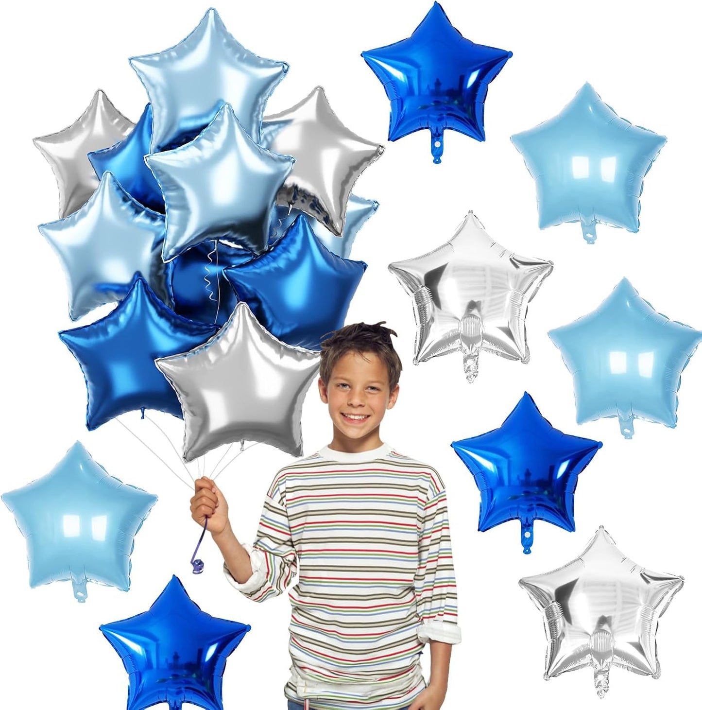 Blue Star Foil Balloons, 18 Inch Royal Blue Silver Stars Shape Mylar Helium Balloons 12 Pcs Large Light Blue Silver Pentagram Balloons Party Decoration for Birthday Graduation Baby Shower