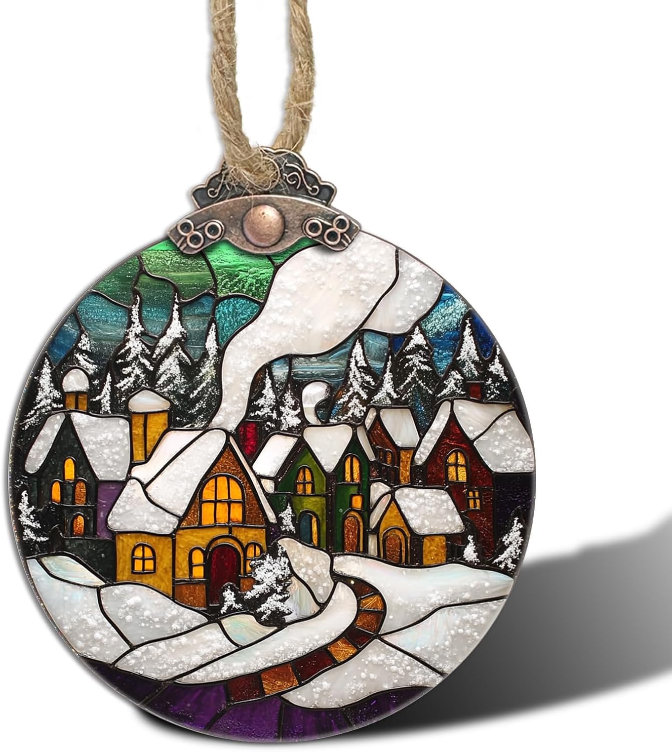 Stained Glass Christmas Decorations, Winter Snow Cabin Suncatcher for Window Christmas Tree Hanging Ornaments Retro White Sun Catcher Xmas Decor Gifts for Women Men Mom Nana Friend