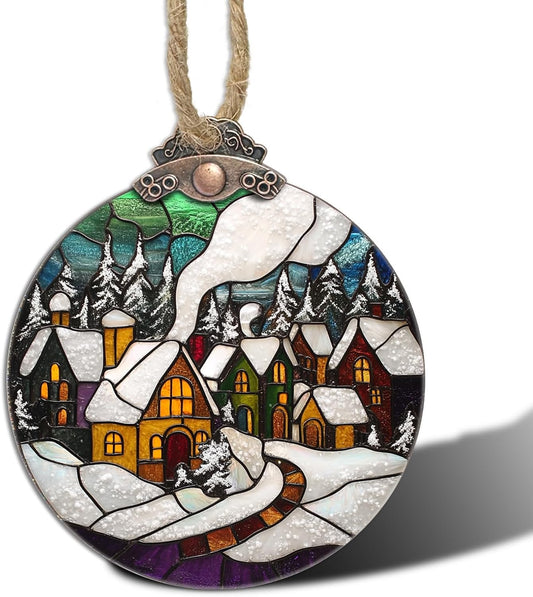 Stained Glass Christmas Decorations, Winter Snow Cabin Suncatcher for Window Christmas Tree Hanging Ornaments Retro White Sun Catcher Xmas Decor Gifts for Women Men Mom Nana Friend