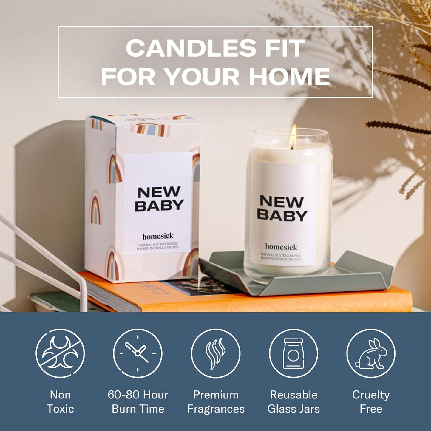 Homesick Scented Candles for Home (New Baby) - 13.75 oz Long-Lasting Natural Soy Wax Blend Jar Candle Gifts & Couples Baby Shower Favors, 60-80 Hours Burn Time - Notes of Geranium & Vanilla