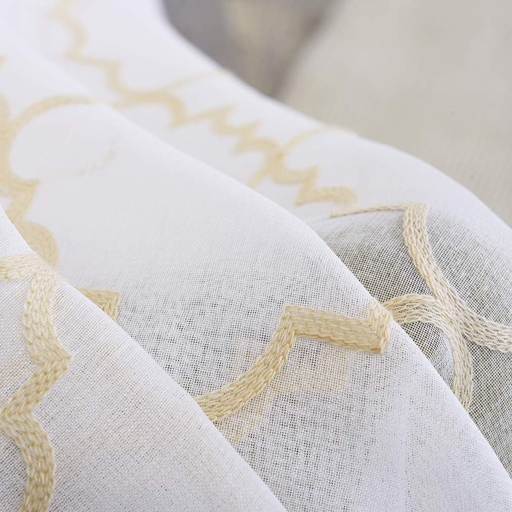 Sheer Curtains Beige 63 Inches, Rod Pocket Voile Drapes for Living room, Bedroom, Embroidered Moroccan Tile Lattice Design Window Semi Crinkle Curtain Panels for Yard, Parlor, Set of 2, 52"x 63".