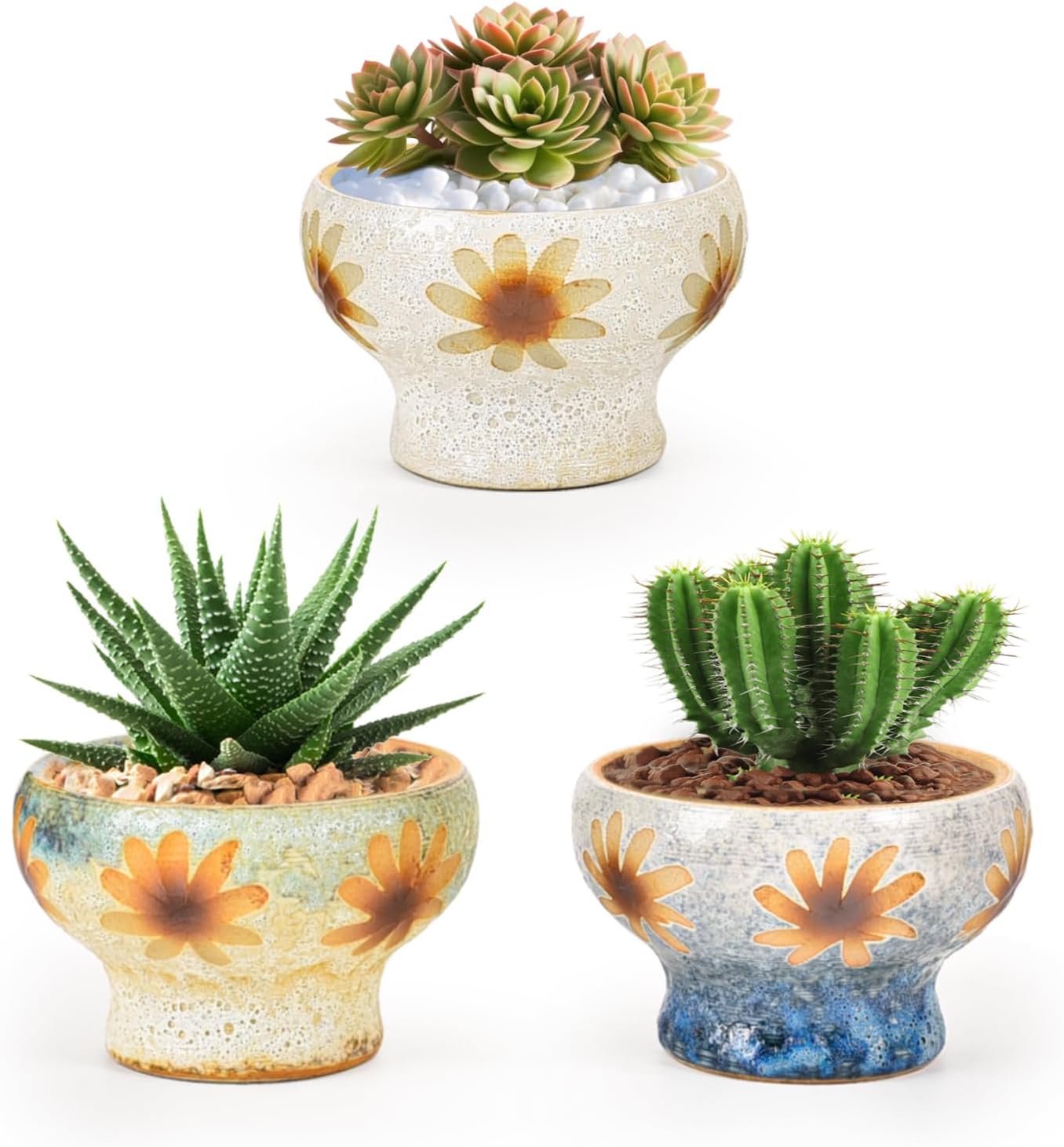 Sungmor Small Succulent Planters Set of 3, Beautiful Hand Crafted Ceramic Plant Pots Cute Cactus Pot, 4.9 Inch Flower Pots for Indoor Plants with Drainage, Desktop Windowsill Home Office Decor Pots