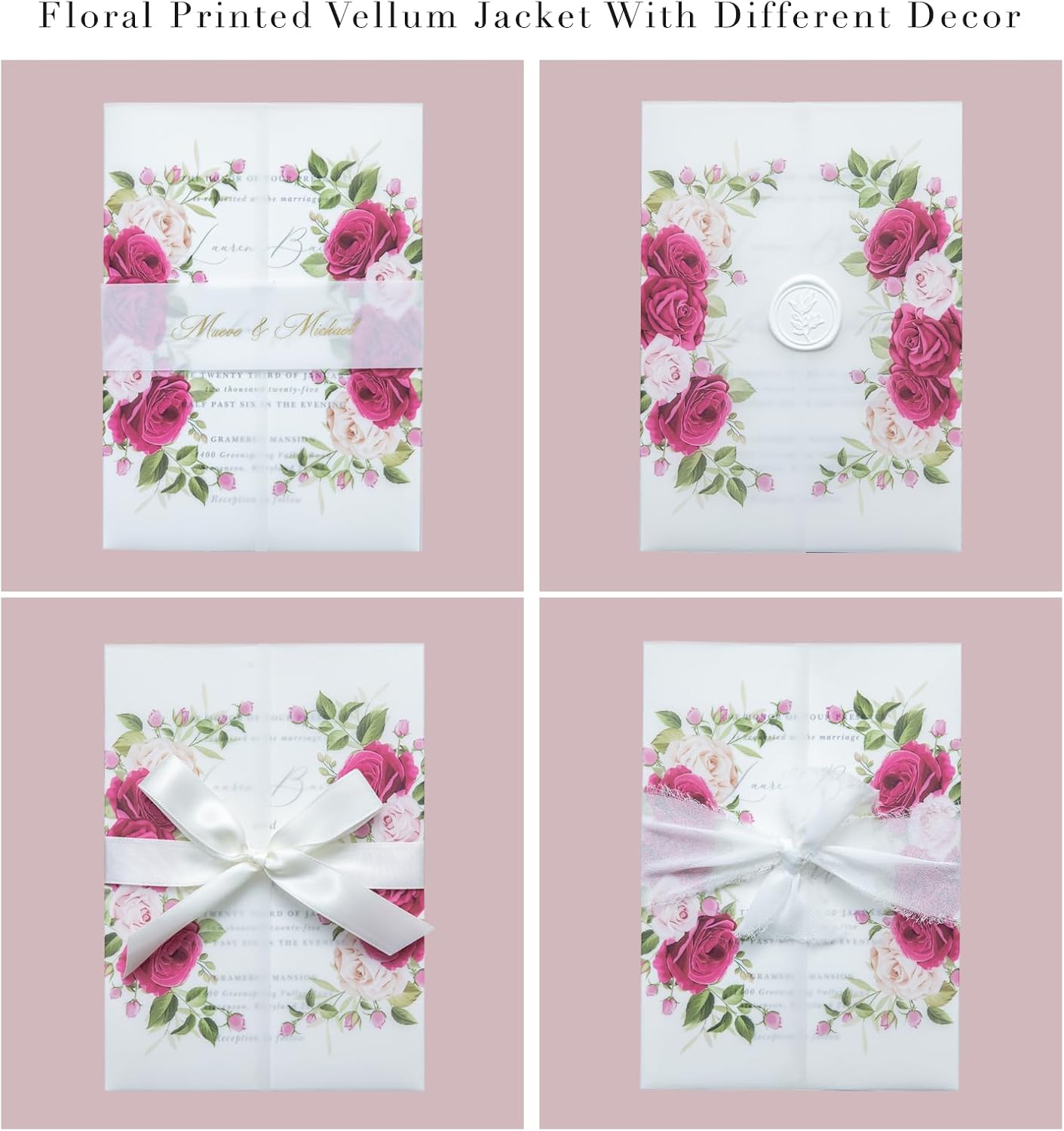 PONATIA 50PCS Vellum Jackets for 5x7 Invitation Cards- 135GSM Fuchsia Flowers Vellum Sleeves Paper 5x7 Jackets - Wedding Invitations Wraps - Transparent Card Jacket