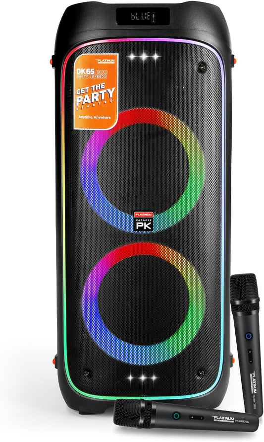 The Platinum DK65 Bluetooth Party Speaker, Karaoke Machine for Adults with 2 Wireless Microphones and Powerful bass & subwoofer, RGB Lights, Features Over 23k Songs for Outdoor & Home