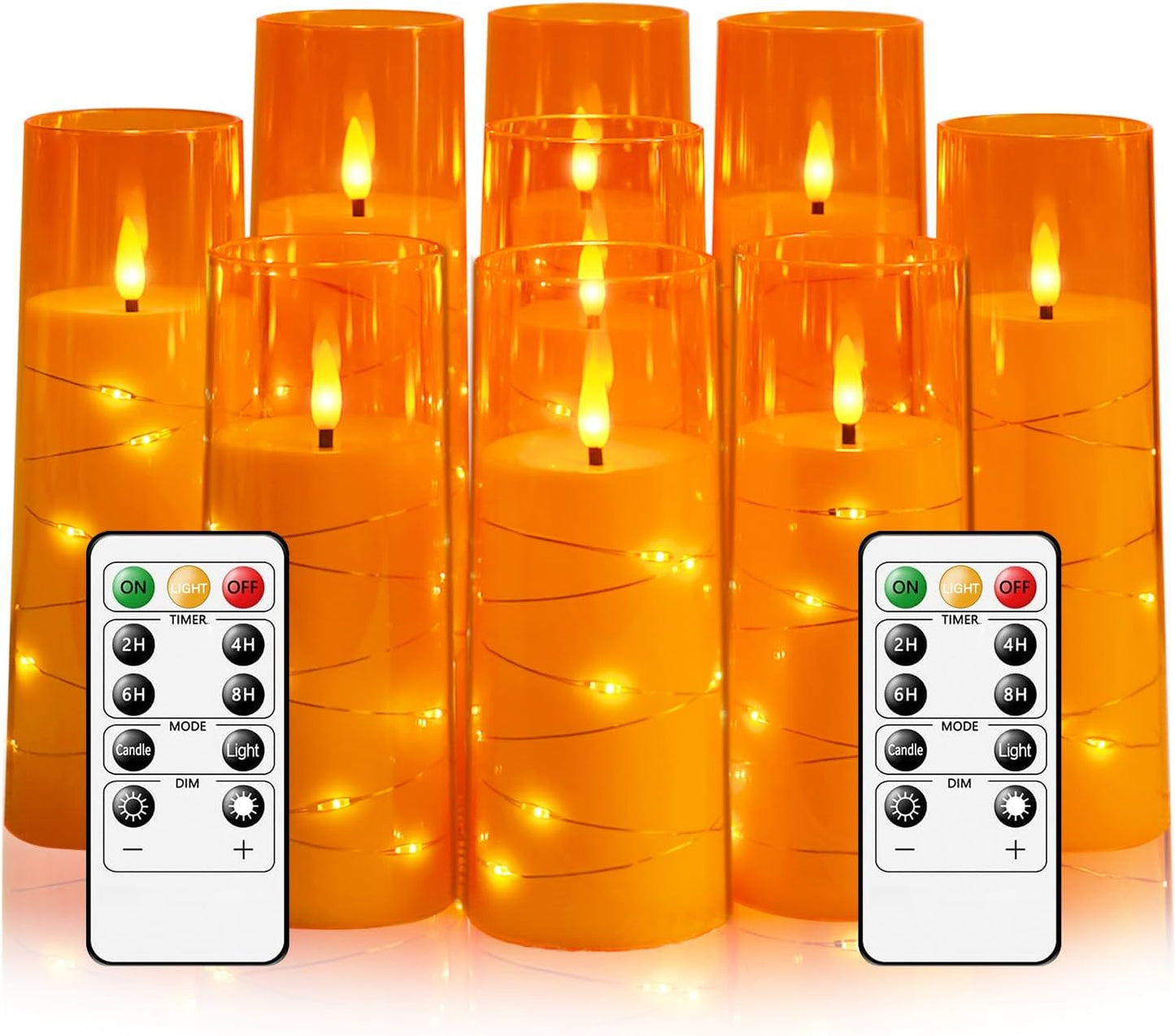 Flameless LED Candles with Timer 9 Pc Flickering Flameless Candles for Romantic Ambiance and Home Decoration Stable Acrylic Shell,with Embedded Star String，Battery Operated Candles（Orange）